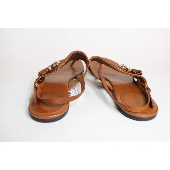 Gucci Brown Leather Thong GG Horsebit T Bar Sandals, Size 9.5 (US) 39.5 (EU)